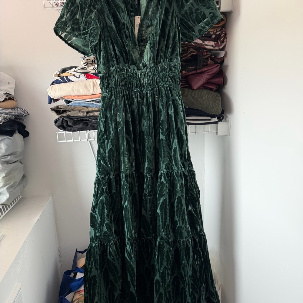 Anthropologie Women's Deep Green Velvet Maxi Dress - V-Neck, Tiered Skirt NWT